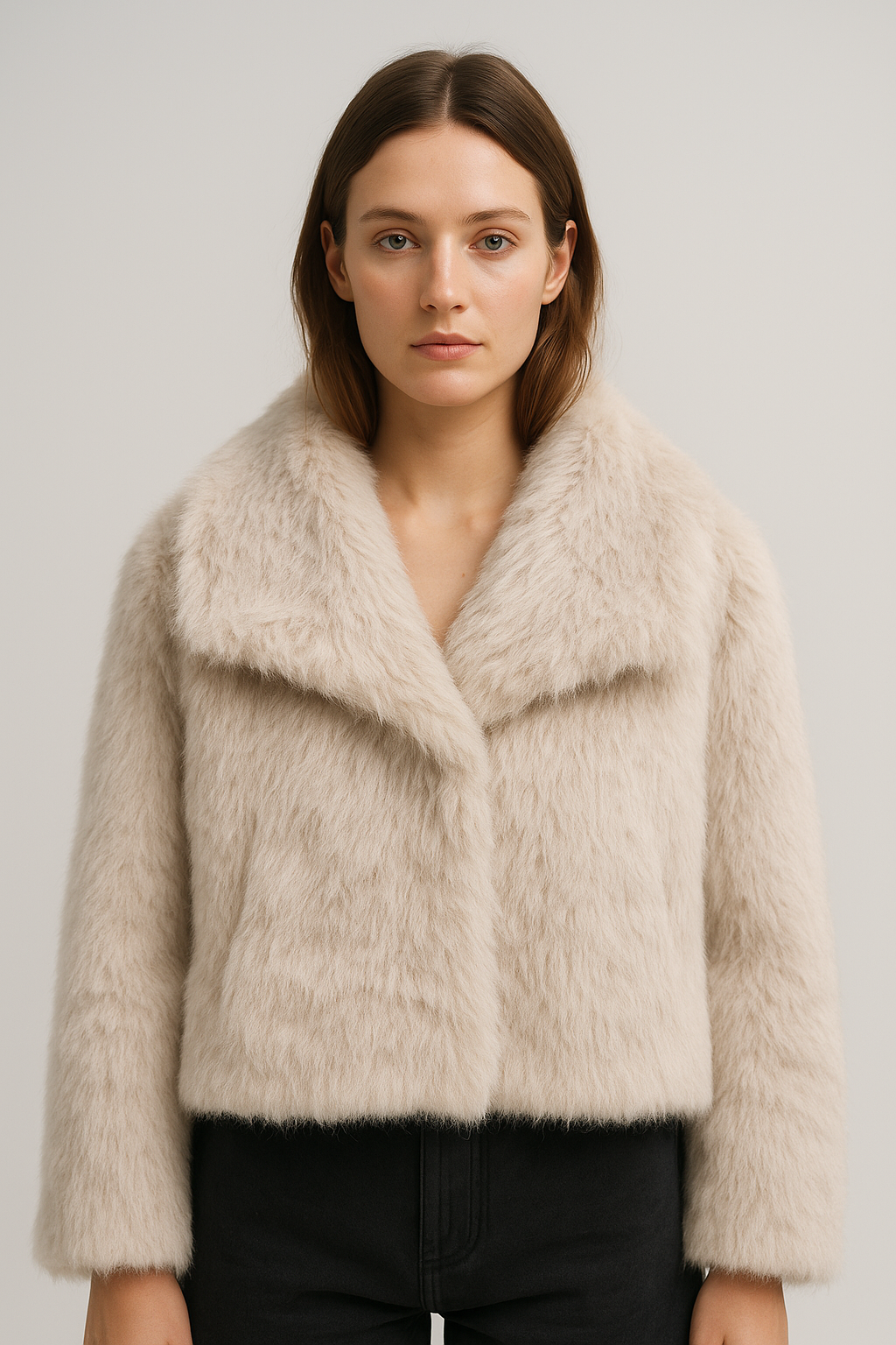 Korte damesjas van imitatiebont met reverskraag in lichtbeige