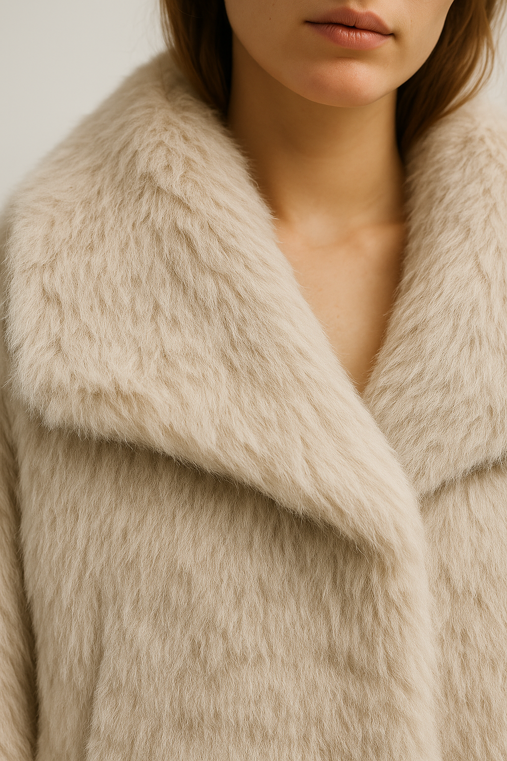 Korte damesjas van imitatiebont met reverskraag in lichtbeige