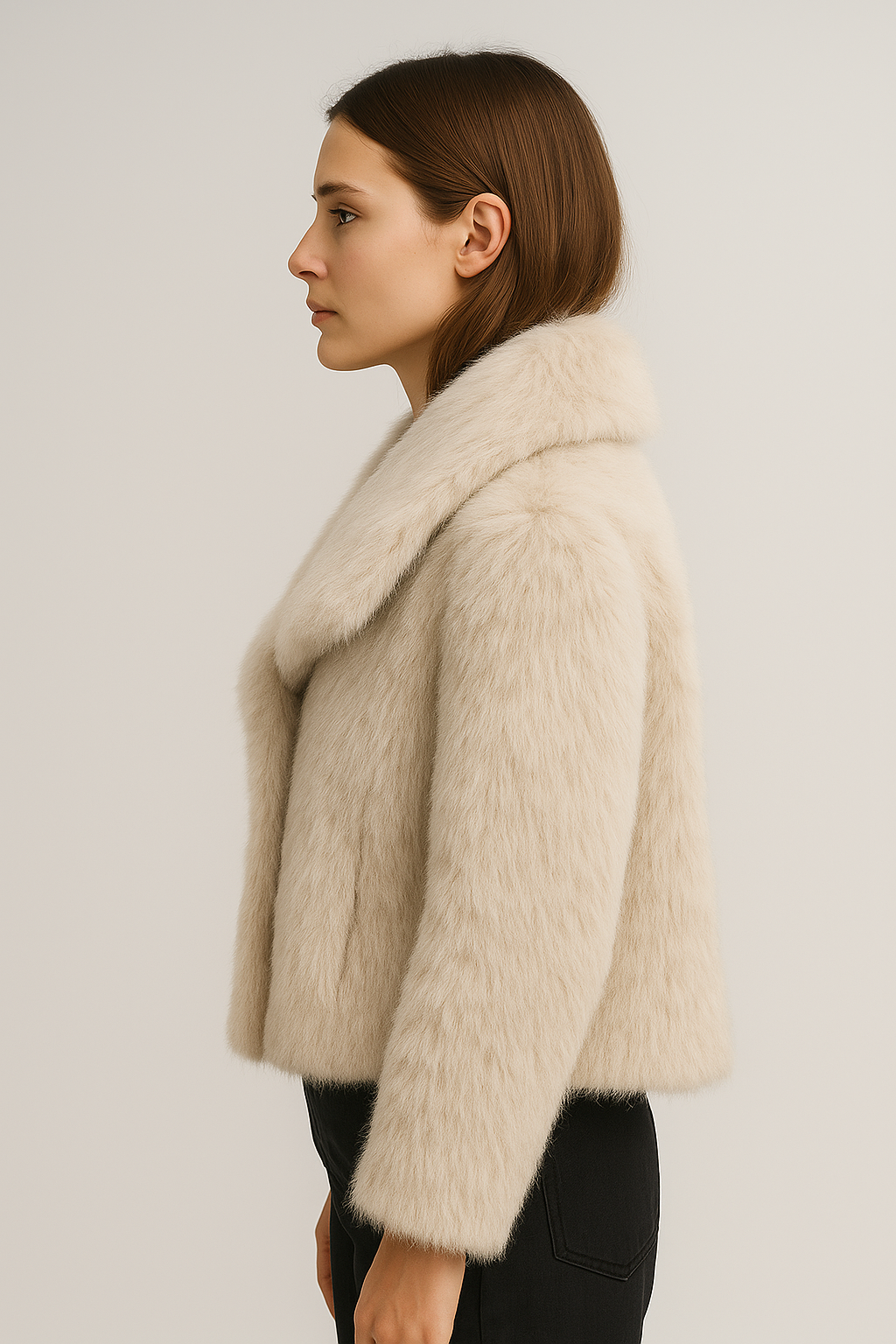 Korte damesjas van imitatiebont met reverskraag in lichtbeige