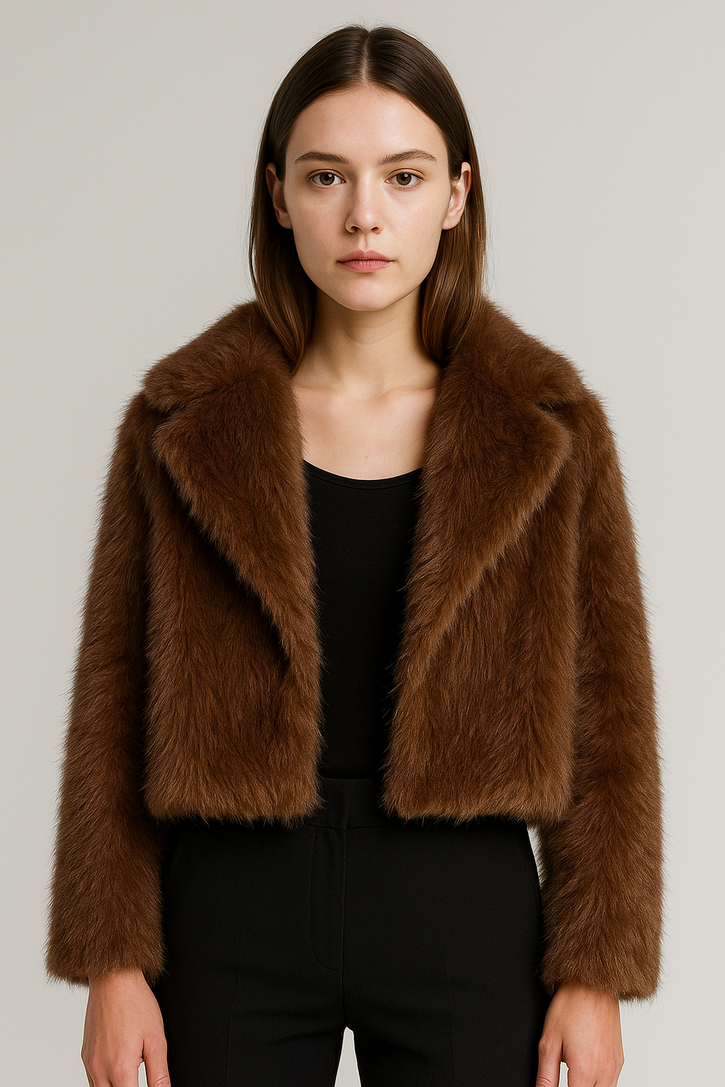 Damesjas van imitatiebont in kort model met reverskraag – bruin