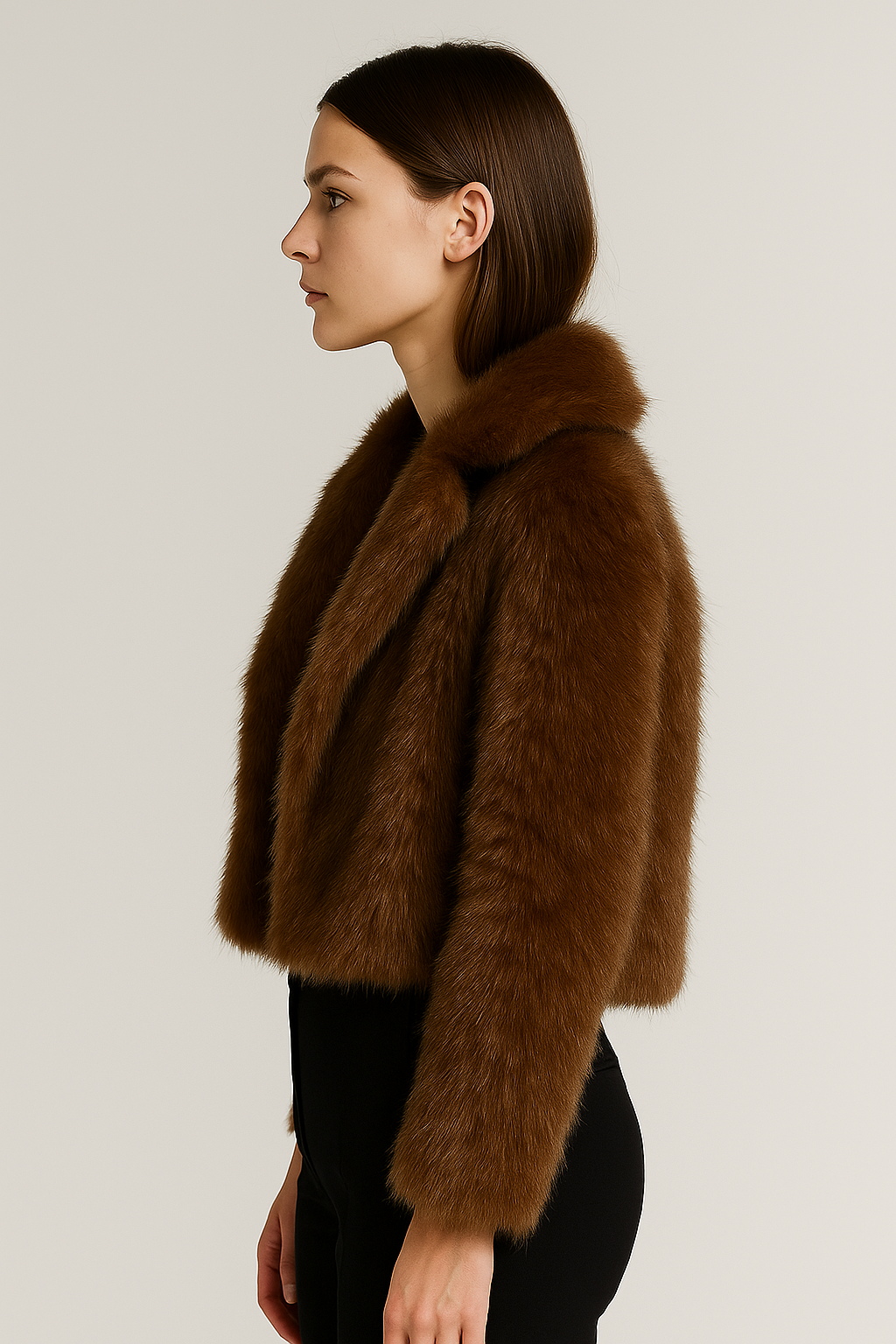 Damesjas van imitatiebont in kort model met reverskraag – bruin