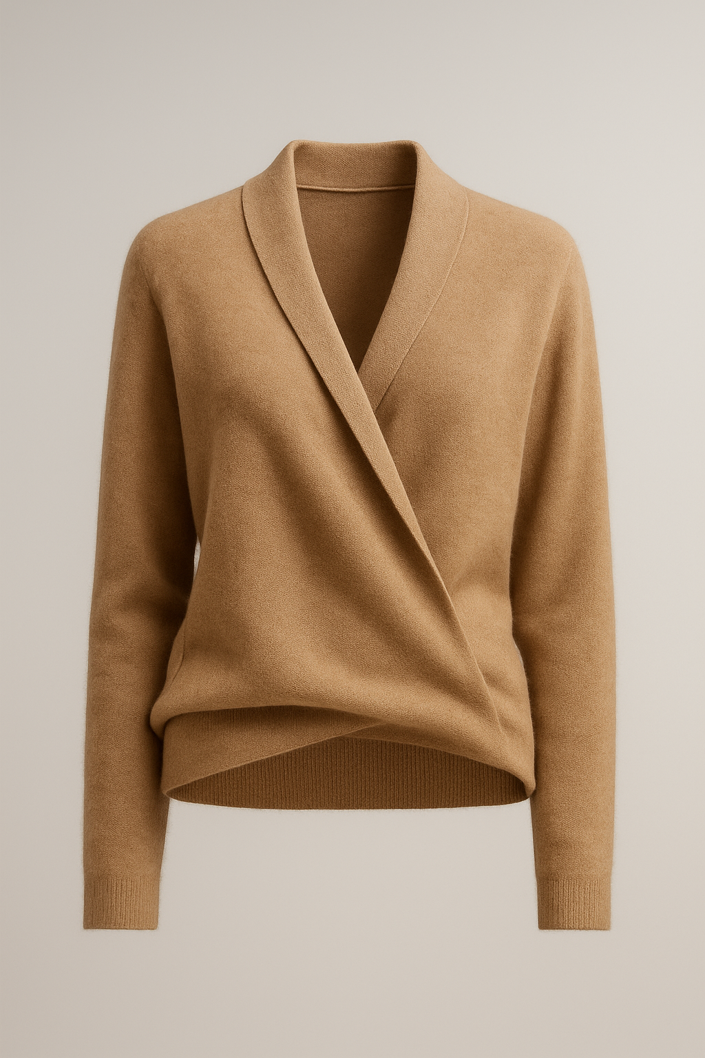 Gebreide damestrui met overslag en V-hals in camel