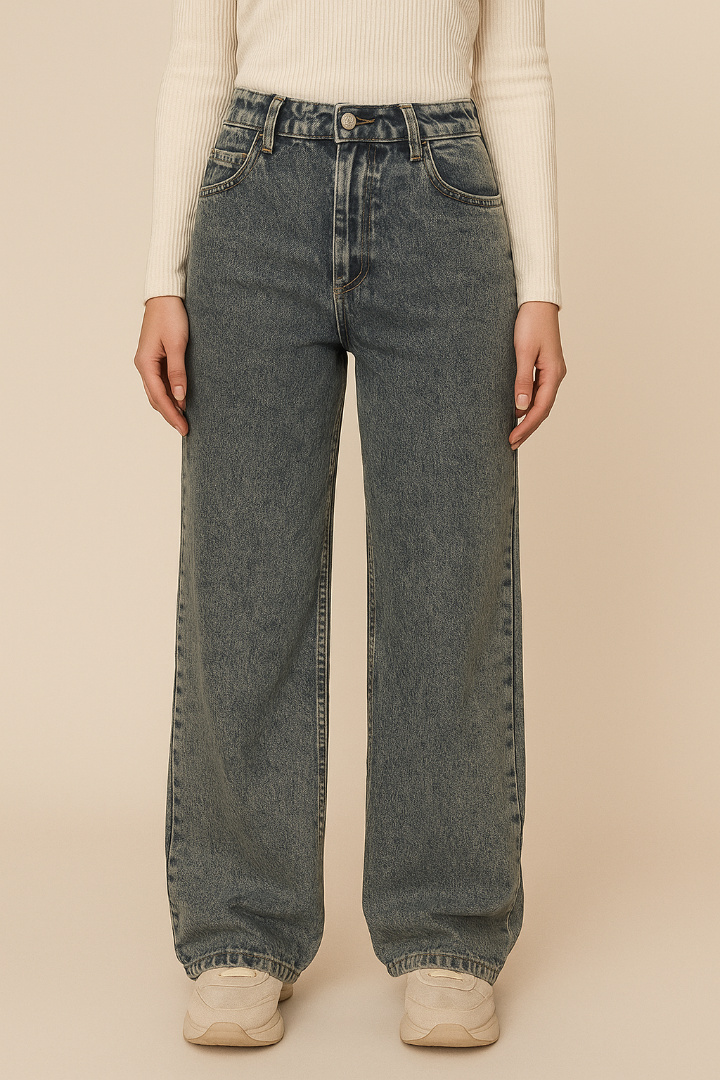 Damesjeans met hoge taille en rechte pijpen in vintage denim