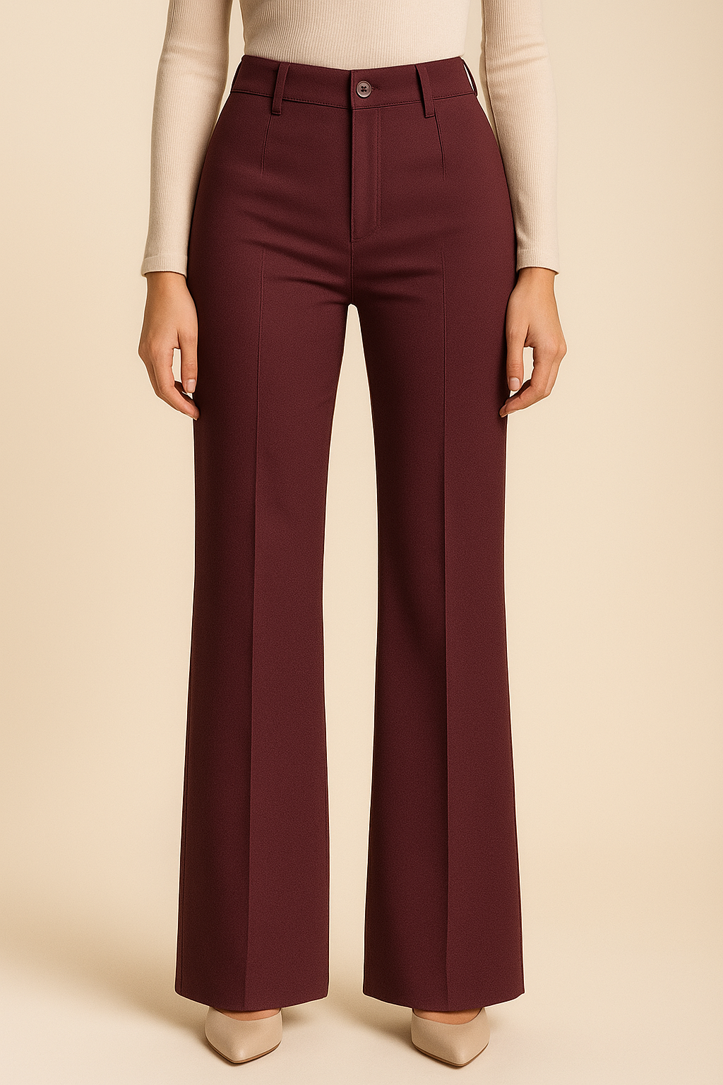 Damesbroek met hoge taille en wijde pijpen in bordeauxrood